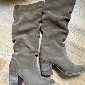 Camel knee high suede boots
